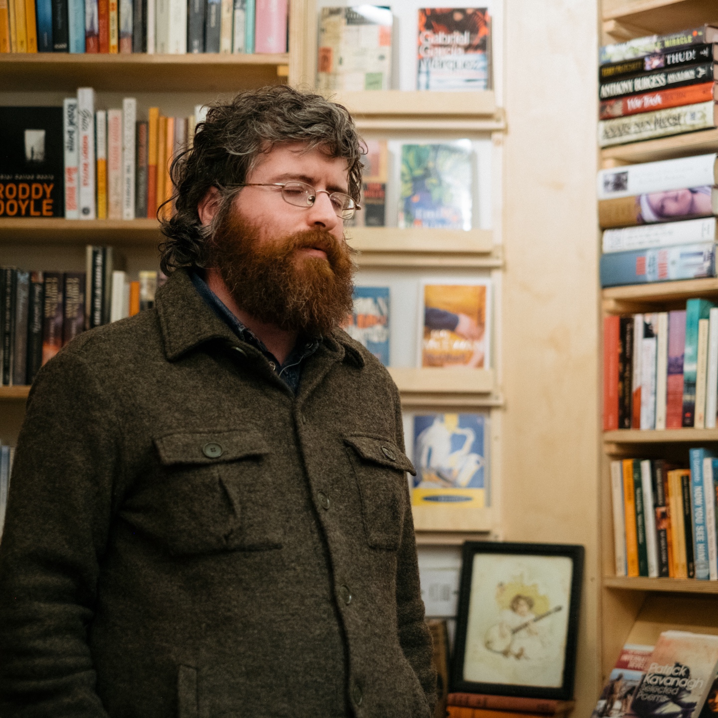 Alan Woods performing in the bookshop